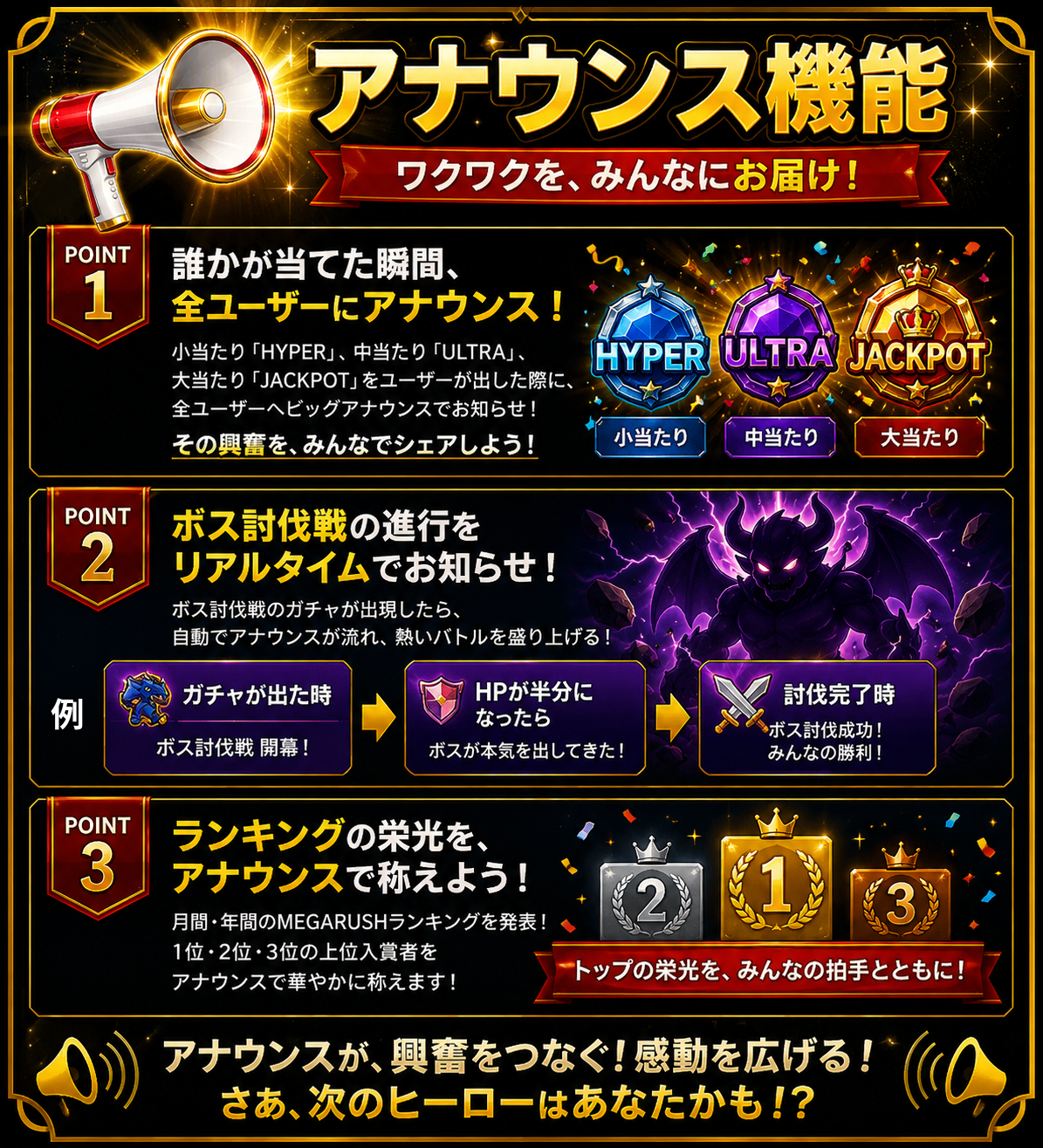MEGA RUSH アナウンス機能